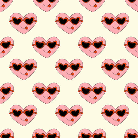 Seamless Pattern with Heart Pink Character for Valentine Day in sunglasses. Smile and show tongue. Mascot in groovy and Y2k style. Vector cartoon illustration.のイラスト素材