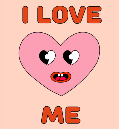 Anti Valentine Day Card. Pink Heart smile. I love me. Mascot in groovy and Y2k style. Greeting card, template, poster, print, party invitations and background. Vector flat illustrationのイラスト素材