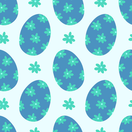 Pattern seamless with blue Easter eggs and flowers. Happy Easter holiday background. Spring pattern design for postcard, wrapping paper, textile, wallpaper.のイラスト素材