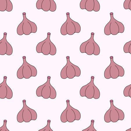 Seamless Pattern with Bulb Garlic. Kitchen background. Food wallpaper. Vector flat illustration.のイラスト素材