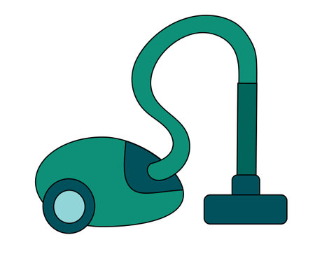 Vacuum cleaner isolated on white background. Household appliance. Housekeeping icon, sticker, logo, emblem. Vector Simple Doodle flat illustration.のイラスト素材