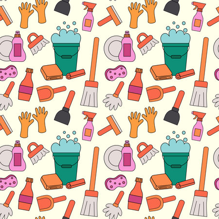 Seamless Pattern with Cleaning Tools Elements. Mop, dishwash, plunger, dustpan, brush, bucket of rags, sponge, rubber gloves. Vector Flat illustration.のイラスト素材