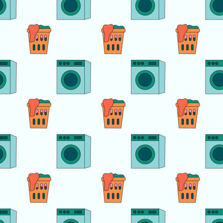 Seamless Pattern with Laundry Tools Elements. Washing machine, laundry basket with clothes. Vector Flat illustration.のイラスト素材
