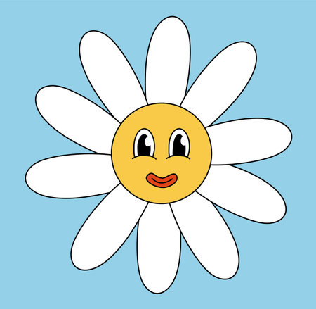 Retro 70s 60s 80s Hippie Groovy cute Daisy Flower. Smiling face. Chamomile Flower power element. Vector illustration isolated on blue background.のイラスト素材