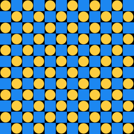 Brutalism abstract vector Pattern with simple geometric shapes circles dots, squares. Black, blue and yellow. Flat illustration.のイラスト素材