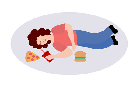 Eating disorder. Woman is lying on the floor with fast food. Overeating, bulimia, anorexia. Food addiction concept. Rejection of yourself. Cartoon flat vector illustration.のイラスト素材