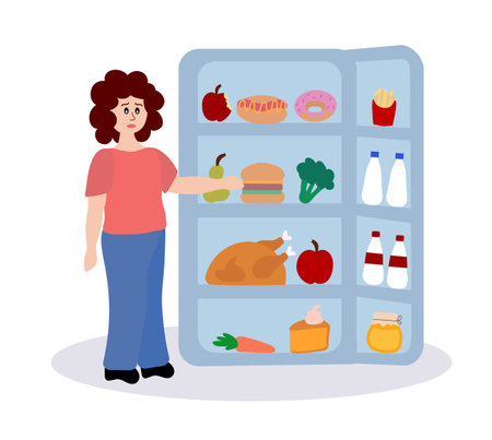 Eating disorder. Sad woman worries and eats from the refrigerator. Overeating. Food addiction concept. Rejection of yourself. Cartoon flat vector illustration.のイラスト素材
