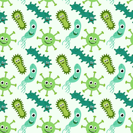 Seamless Pattern with Cute cartoon characters virus, bacteria, microbe. Microbiology organisms funny face wallpaper. Mascot expressing emotion background.のイラスト素材