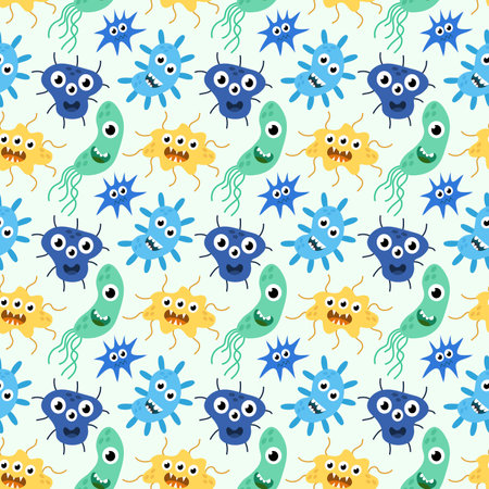 Seamless Pattern with Cute cartoon characters virus, bacteria, microbe. Microbiology organisms funny face wallpaper. Mascot expressing emotion background. Vectorのイラスト素材