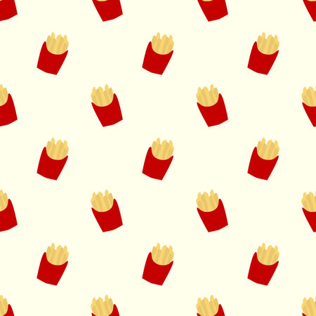French fries seamless pattern. Fast food background. Simple doodle, hand drawn wallpaper. Flat vector illustration.のイラスト素材