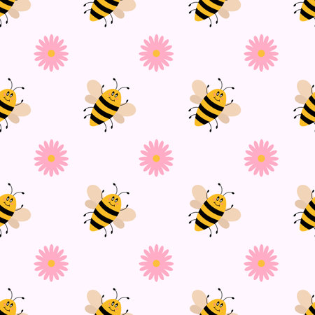 Vector cute cartoon seamless pattern with bees and pink flowers. Funny bees background. Vector flat illustration.のイラスト素材
