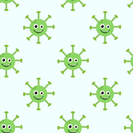 Seamless Pattern with Cute cartoon character virus. Microbiology organism funny face wallpaper. Mascots expressing emotion background. Vector children illustration in flat design.のイラスト素材