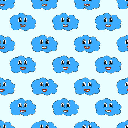 Retro 70s 60s 80s Hippie Groovy Seamless Pattern with cute Blue Cloud. Smiling face background. Vector illustration.のイラスト素材