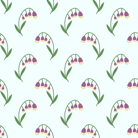 Vector seamless spring pattern of lilies of the valley on a light green background. Vector flat illustration.のイラスト素材