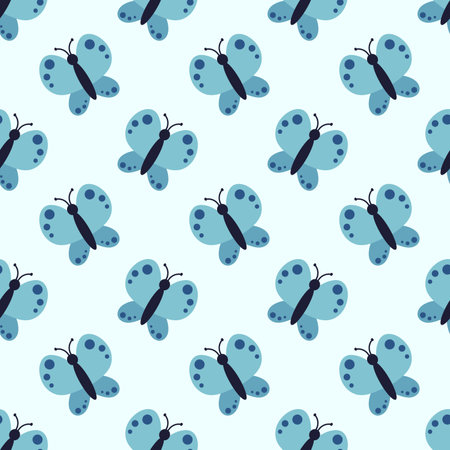 Cute and cozy Seamless Pattern with blue butterfly. Children background. Spring or summer fauna. Vector flat illustration for kids.のイラスト素材