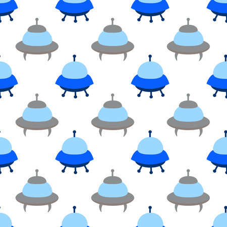 Alien gray and blue spaceships, spacecrafts and UFO Seamless Pattern. Cosmic in ships form saucer for transportation. Children design. Vector cartoon flat illustration.のイラスト素材