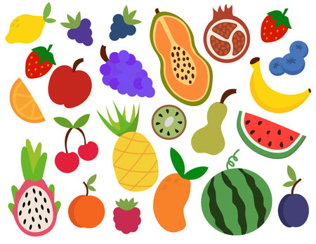 Set of fruits and berries. Concept of healthy food and products. Summer bright element for your design. Apple, pineapple, grape, papaya, dragon fruit, plum, watermelon. Vectorのイラスト素材