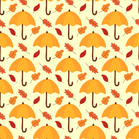 Autumn seamless pattern with umbrellas and leaves. Print for paper, textile and fabric. Cozy fall background. Hand drawn vector flat illustration.のイラスト素材