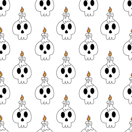 Seamless Pattern with Skull candle. Human skull with candle or candlestick. Halloween symbol background. Vector flat illustration.のイラスト素材