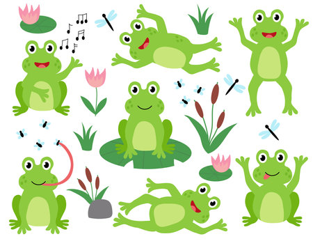 Set of cute frogs. Children Hand drawn vector flat illustration. Summer clip art collection.のイラスト素材