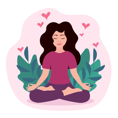 Beautiful girl doing yoga with leaves and hearts. International yoga day. Vector Flat Illustration.のイラスト素材
