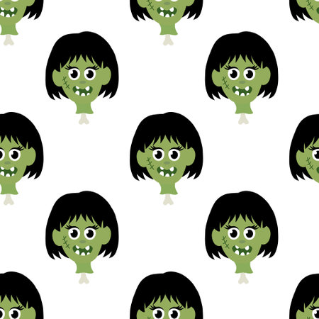 Seamless pattern with Zombie girl head on bone. Halloween Cartoon Flat Vector illustration.のイラスト素材