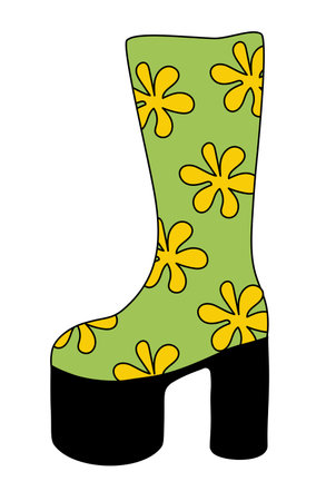 Trendy 1980 retro disco green boot with flowers. Vintage shoe. Vector flat illustration.のイラスト素材