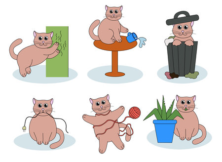 Set of problem with cat behavior. Kitten scratches, eat plant, pushes cup off the table, digs in the garbage, play with thread. Cute hand drawn flat illustration.のイラスト素材