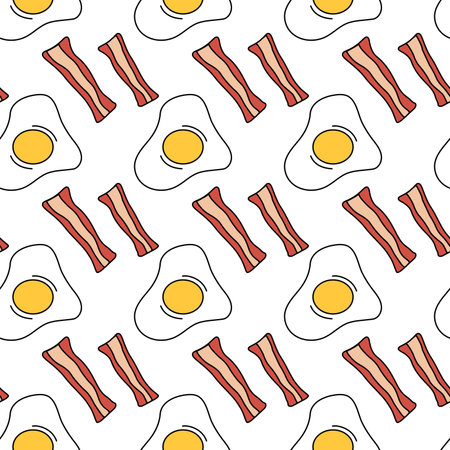 Cute seamless breakfast food pattern with egg and bacon. Morning Background. Vector flat illustration.のイラスト素材