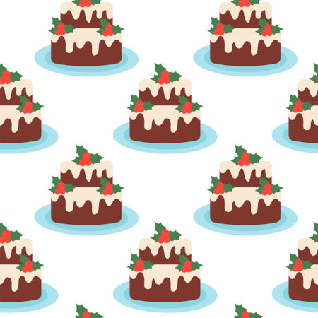 Seamless Pattern. Christmas cupcake with mistletoe. Winter food background. Vector Flat...