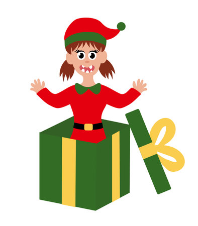 Christmas elf girl isolated on white background. Little Santa's helper sits in gift box. Adorable cartoon character. Flat vector illustration.のイラスト素材