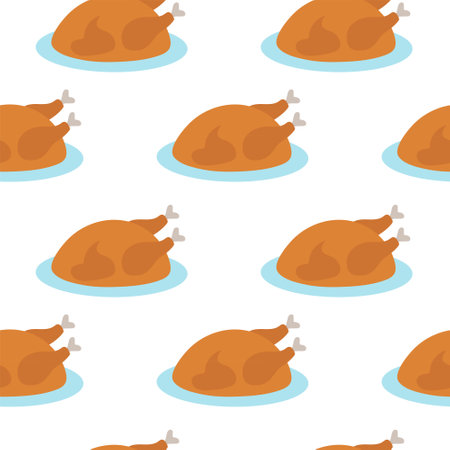 Seamless Pattern with Roasted chicken or turkey on plate. Food element. Vector flat illustration.のイラスト素材