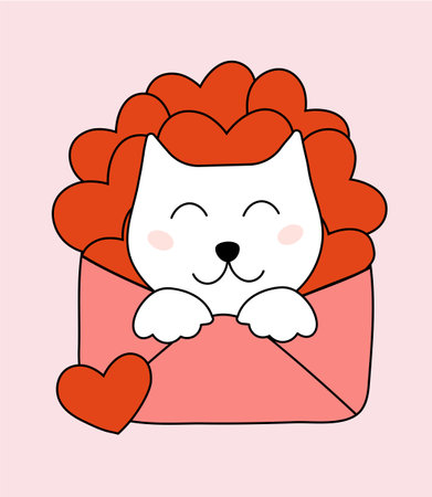 Valentine day Cat sit in envelope. Vector flat illustration.のイラスト素材