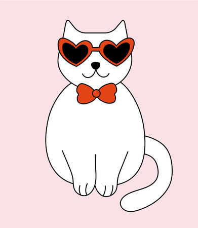 Valentine day Cat with sunglasses and tie bow. Vector flat illustration.のイラスト素材