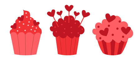 Set of Red Valentine Day Cupcakes. Vector flat illustration.のイラスト素材