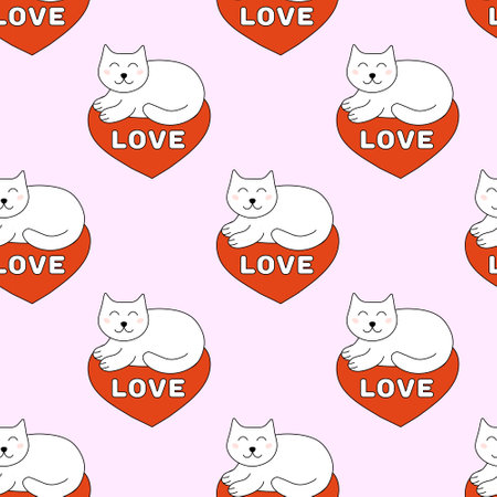 Seamless Pattern with Valentine day Cat on heart. Vector flat illustration.のイラスト素材