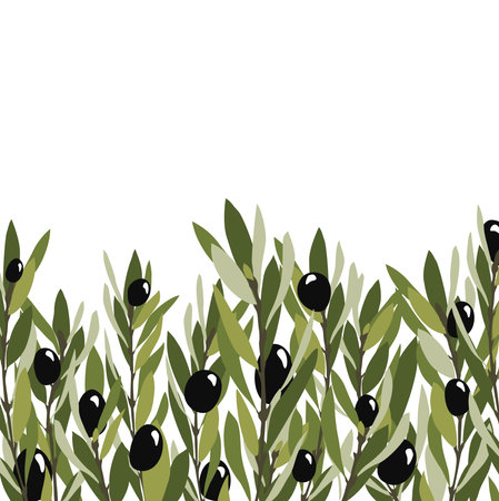 Olive leaves border vector stock illustration. Deep green colors. Cuisine Italian Greek. Symbol of fresh healthy food preparation. Kitchen design. For menus and package.のイラスト素材