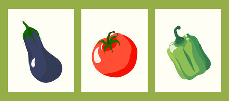 Eggplant, bell pepper, tomato vector vegetable set, isolated. Violet, red, green. Ingredients for cooking, menu compilation. diet product. Farm, grocery, eco, bio, natural, vegan, vegetarian productsのイラスト素材
