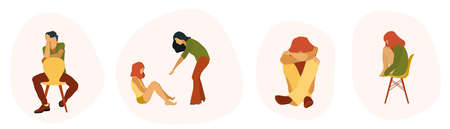 Mental problems people vector set. Depression help. Psychologist work. Emotions. Refusing to talk, Man, woman, children coping with problems. sitting. Closed poses. Psychological care. isolatedのイラスト素材