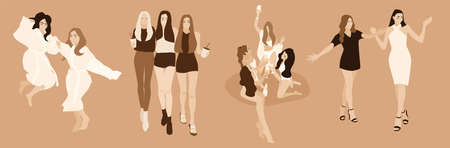 women party vector illustration set. Group of girls walking, dancing, drinking champagne jumping on the bed in wardrobes and cocktail dresses. Ladies celebrate their feast birthday holiday Girl powerのイラスト素材
