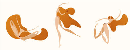 woman morning vector illustration set. Girl brushing her long orange hair, lying on bed, sleeping, stretching. Orange colour scheme. Body aesthetic, care, Daily routine. Grotesque dynamic stylisationのイラスト素材