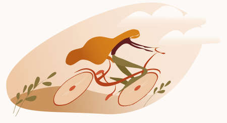 Girl riding a bike fast vector stylish illustration. Long hair. bicycle, wheels, transportation, woman pedals. Gold, ochre, olive. Leafs. Simple grotesque flat modern art sports. Daily routine seriesのイラスト素材