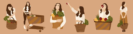 Woman bying food grocery vector illustration set. Lady carrying Cart, basket, paper bag. Fresh vegetables, fruits. Taking products from the shelf. Checking quality choosing grocery bag for mart shop.のイラスト素材