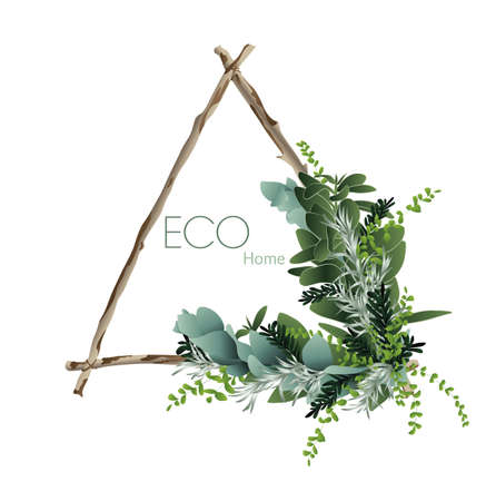 triangle frame wreath eco home sign. Herbarium succulent, fern eucalyptus, money tree, pine ikebana foliage. ecological sign Wedding invitation boho ornament Ecological real estate emblem Recycle markのイラスト素材