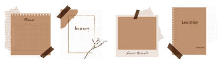 Bullet Journal scrapbooking craft templates vector set. Planner, mockup, Organiser retro-styled. craft paper texture, squared notebook. brunch tape, Perforated paper. Aged book pagesの写真素材