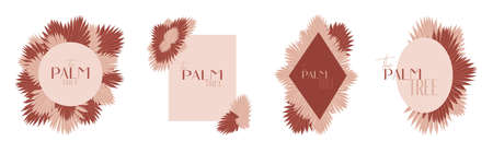 Dry palm leaves rose gold big vector set illustration template. Minimalistic chic frame pink and burgundy colours, Palm tree tropical leafs. Save the Date foliage cover, modern poster, trendy designのイラスト素材