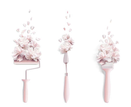 carnation brush, paint roller, palette knife 3d realistic big vector set. Strokes of paint made of carnation flowers. Brush with the stroke. Alternative vision. make up, refit apartment renovationの写真素材