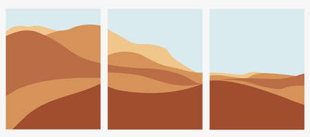 Abstract contemporary aesthetic background with landscape set, desert, mountain. Earth tones, burnt orange, terracotta colors. Boho wall decor. Mid century modern minimalist art print. Organic shapeのイラスト素材