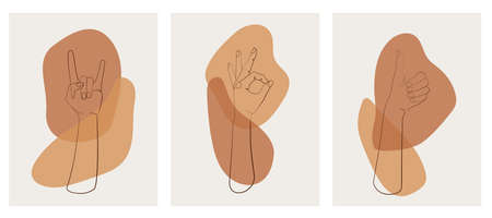 one line gestures hands, Minimalistic symbols set, Like, okay, ok, rock. Positive appreciation insignia. Excellent mark, fingers, graphic silhouette beige colours, sketch. Abstract shapes. Thumb upのイラスト素材
