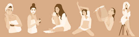 Daily morning woman rituals illustration vector set. Applying cream face mask, reading, shower, waking up, drink coffee. every day routine. Fancy morning. Cosmetics commercial towel underwear bathrobeのイラスト素材